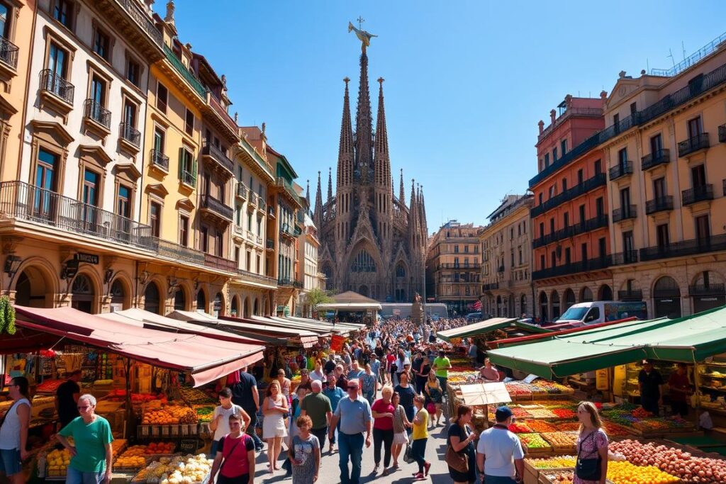 A bustling city square in Barcelona, Catalonia, bathed in warm Mediterranean sunlight. In the foreground, a lively market scene with vibrant stalls selling local produce, handcrafted wares, and delectable street food. Locals and tourists mingle, creating a tapestry of color and culture. The middle ground features the iconic Catalan architecture, with ornate facades and intricate details that blend classical and modernist styles. In the background, the imposing silhouette of the Sagrada Familia cathedral stands tall, its spires reaching towards the azure sky. The atmosphere is one of celebration, where the rich heritage and vibrant spirit of Barcelona are on full display.