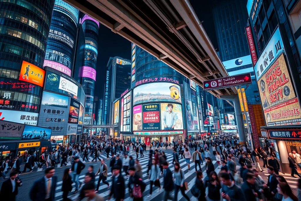 A bustling intersection in the heart of Tokyo's Shibuya district, with neon-lit skyscrapers and towering digital billboards creating a dazzling cyberpunk atmosphere. Throngs of pedestrians navigate the iconic crosswalk, their hurried movements captured in a dynamic blur. Overhead, a sprawling elevated train line cuts across the scene, casting dramatic shadows over the bustling streets below. The image should convey the frenetic energy and futuristic aesthetic of one of Japan's most vibrant urban centers, inviting the viewer to immerse themselves in the pulsing rhythm of this iconic Tokyo landmark.