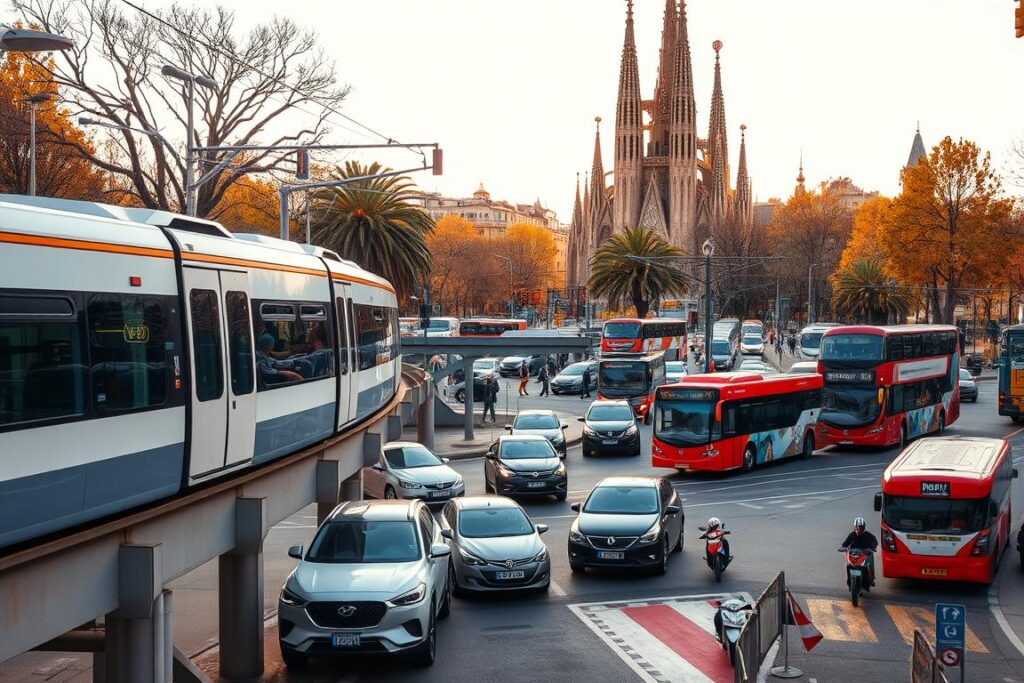 A bustling urban scene showcasing the vibrant transportation network of Barcelona. In the foreground, a modern metro train glides along elevated tracks, its sleek design and bright colors capturing the eye. In the middle ground, a busy intersection teems with a diverse array of vehicles - compact cars, iconic double-decker buses, and nimble mopeds weaving through the traffic. The background is dominated by the iconic architecture of Barcelona, with the spires of Sagrada Familia cathedral reaching skyward. The scene is bathed in warm, golden afternoon light, creating a sense of energy and vitality. The overall composition conveys the efficient, well-connected nature of Barcelona's public transportation system, making it an accessible and convenient way to explore the city's treasures.