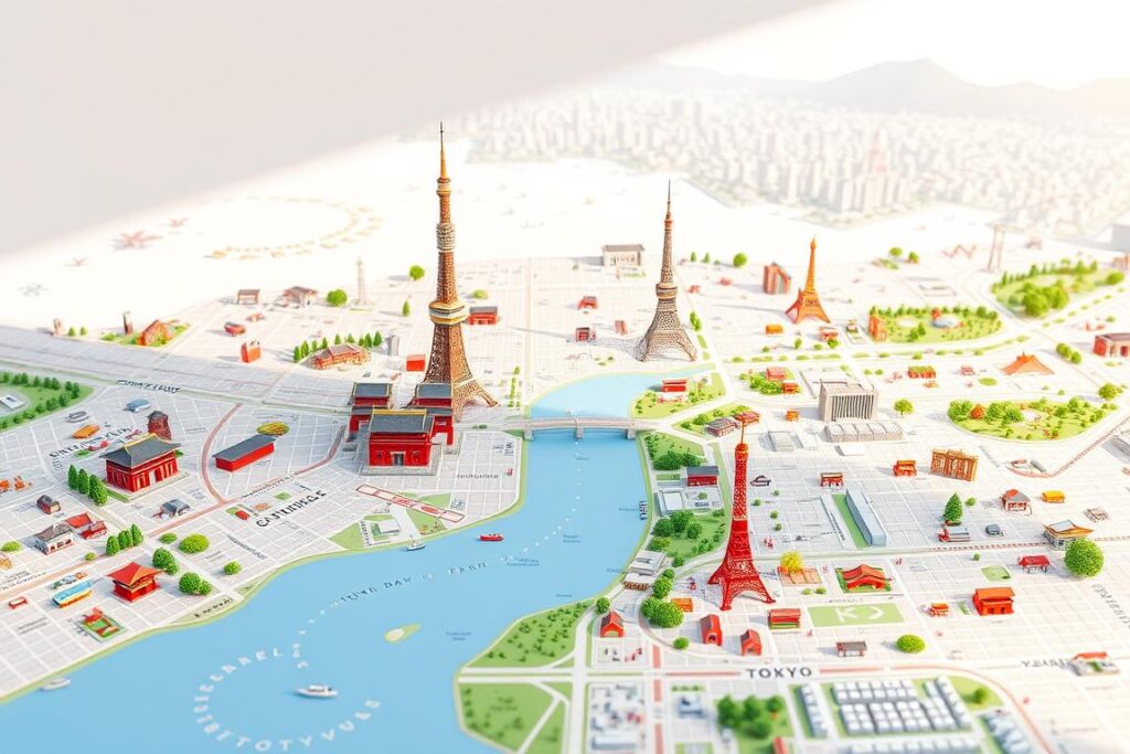 A detailed map of Tokyo's most popular tourist attractions, rendered in a clean, modern style. The foreground features iconic landmarks like the Imperial Palace, Sensoji Temple, and Tokyo Skytree, placed within a grid of city streets and neighborhoods. The middle ground showcases vibrant parks, gardens, and cultural sites, while the background depicts the Tokyo Bay and distant mountains. The lighting is natural and soft, creating a sense of warmth and clarity. The overall composition guides the viewer's eye through the various points of interest, inviting exploration of this dynamic, multi-faceted city.