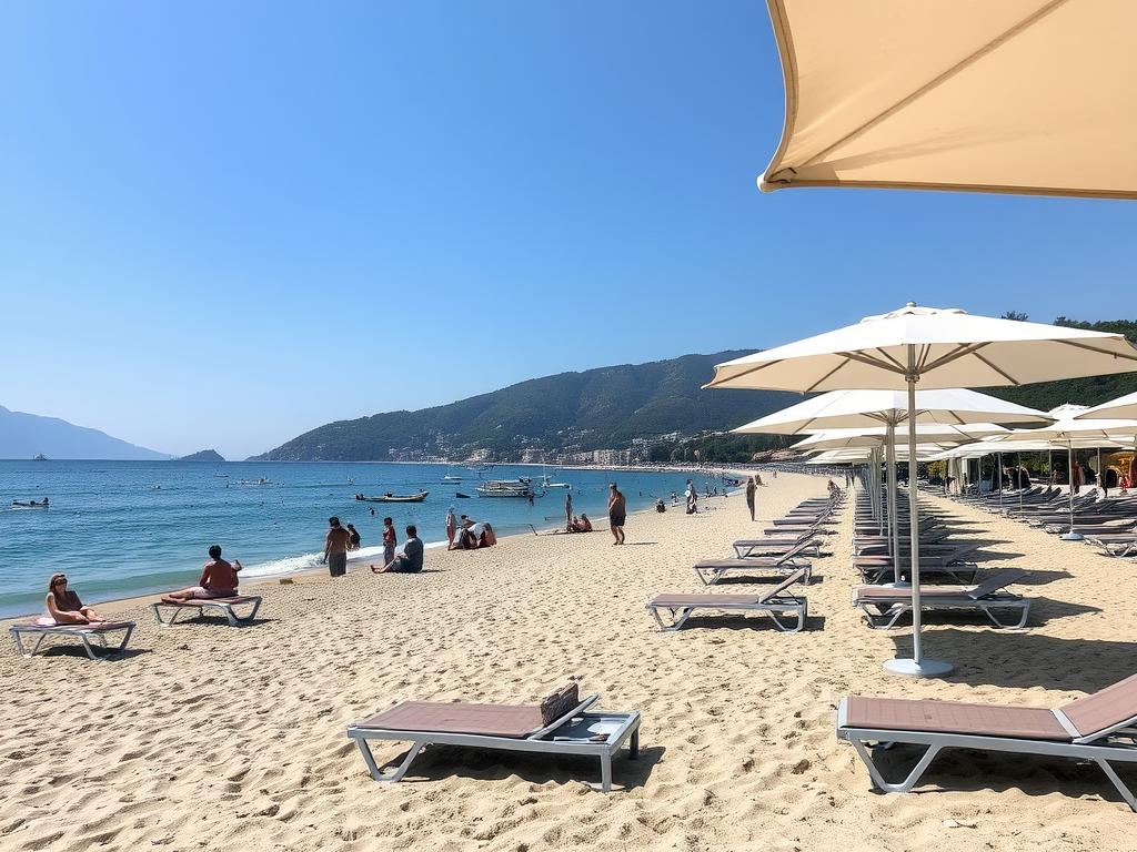 Çalış Plajı kumsalı ve şezlonglar