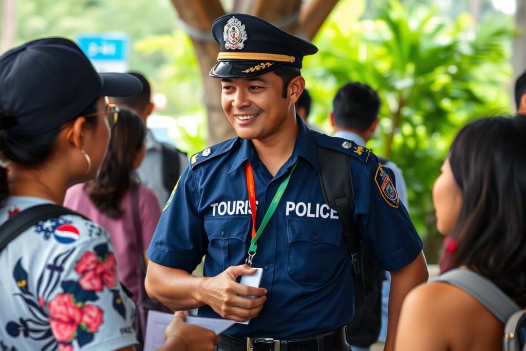 Tayland'da bir turist polisi turist bilgilendiriyor Tayland'da bir turist polisi turist bilgilendiriyor