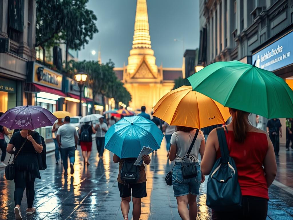 Tayland'da yağmur mevsiminde şemsiyeli turistler Tayland'da yağmur mevsiminde şemsiyeli turistler